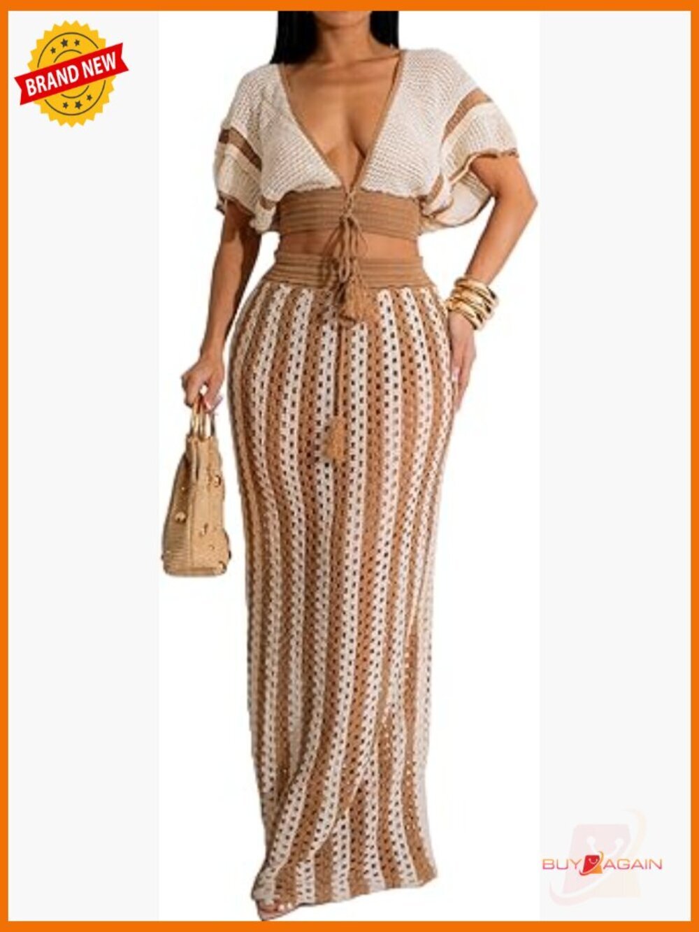 Crochet Crop Top and Striped Maxi Skirt 2 Piece Set